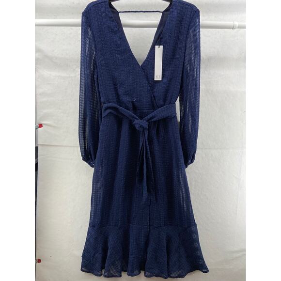 NWT NSR Dress Womens Sz M‎ Blue Ruffle Lined Wrap Neck Tie Crape Long Sleeve - Picture 2 of 12